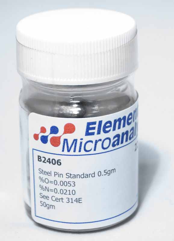 Steel Pin Standard 0.5 g Approximate values 249ppmN 30ppmO 0.0249%N 0.0030%O See certificate 240219. 50 g